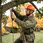 Élagueur professionnel en action dans un arbre avec harnais et casque de sécurité dans un jardin résidentiel