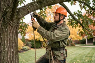 Élagueur professionnel en action dans un arbre avec harnais et casque de sécurité dans un jardin résidentiel