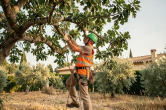 Élagueur professionnel grimpant dans un grand chêne pour l'élagage dans un jardin résidentiel à Balma
