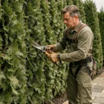 Élagueur professionnel en cours de taille d'une haie de thuyas dans un jardin résidentiel français