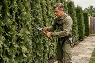 Élagueur professionnel en cours de taille d'une haie de thuyas dans un jardin résidentiel français
