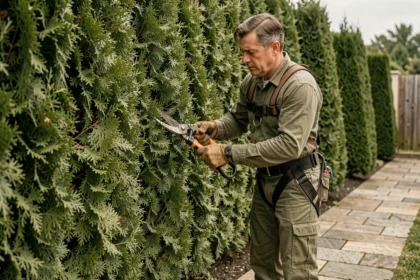 Élagueur professionnel en cours de taille d'une haie de thuyas dans un jardin résidentiel français