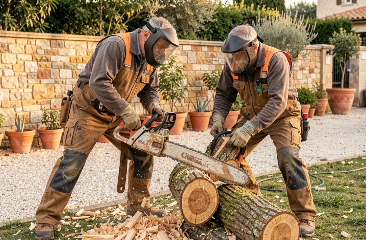 Deux élagueurs découpant un tronc d'arbre abattu avec une tronçonneuse dans un jardin de banlieue toulousaine