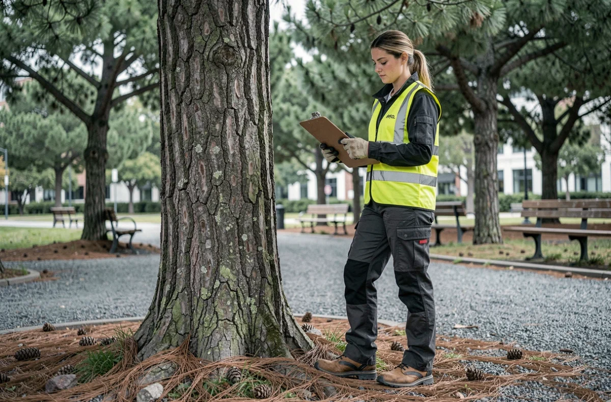 Élagueuse évaluant un grand pin dans un parc urbain avec équipements de protection individuelle