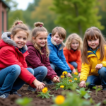 Enfants en jardin scolaire en train de désherber