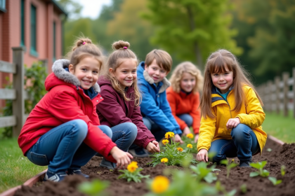 Enfants en jardin scolaire en train de désherber