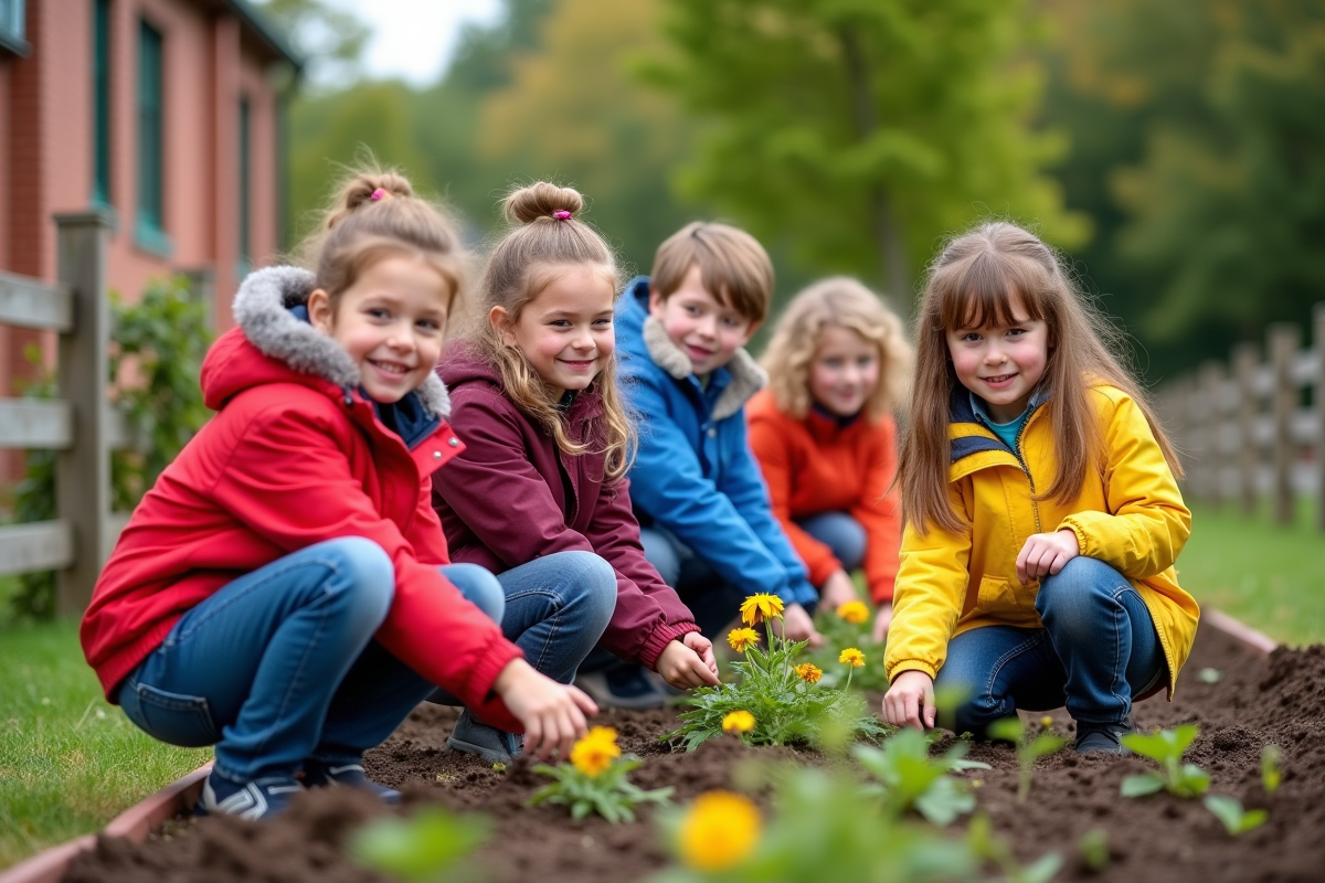 Enfants en jardin scolaire en train de désherber