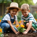 Deux enfants plantant des marguerites dans le jardin