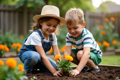 Deux enfants plantant des marguerites dans le jardin