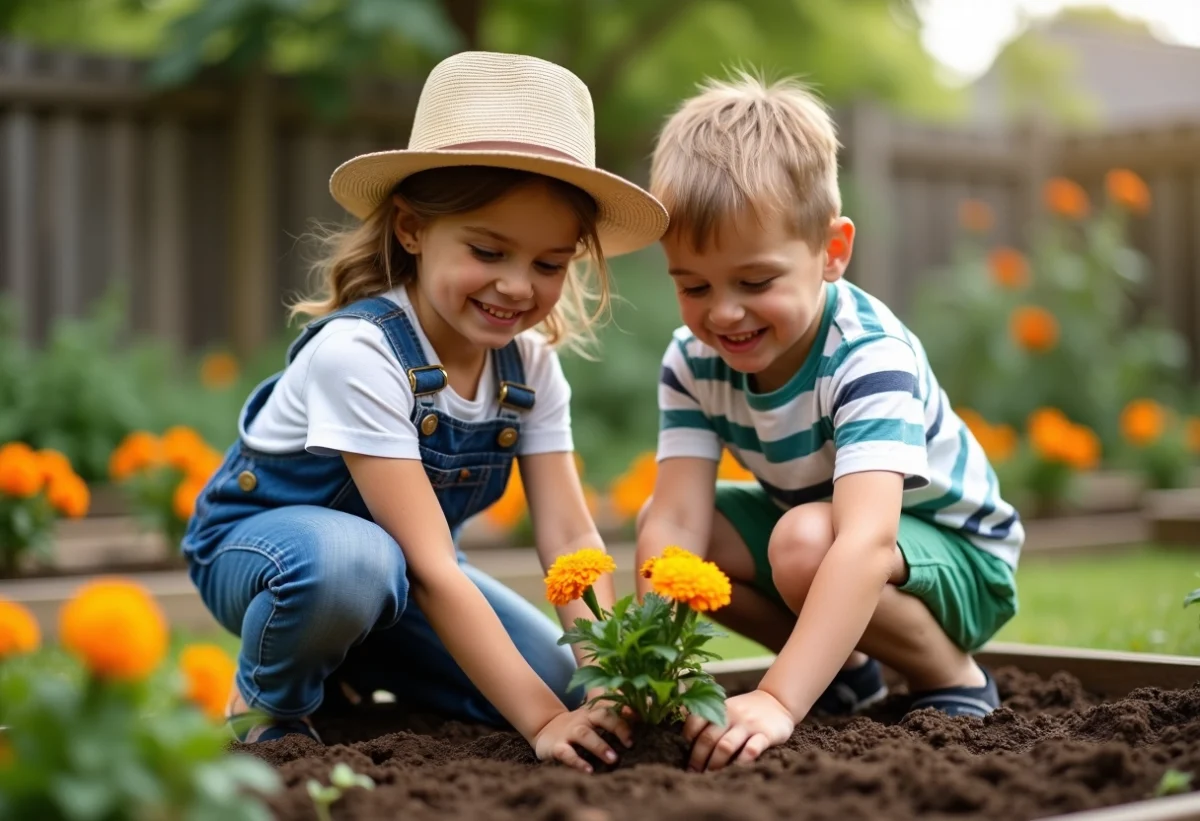 Deux enfants plantant des marguerites dans le jardin