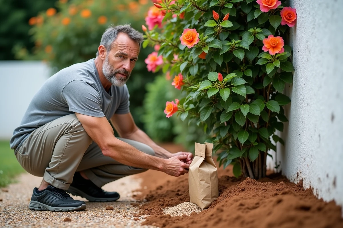 Homme appliquant de l'engrais granulaire au pied d'un bougainvillier contre un mur blanc dans un jardin