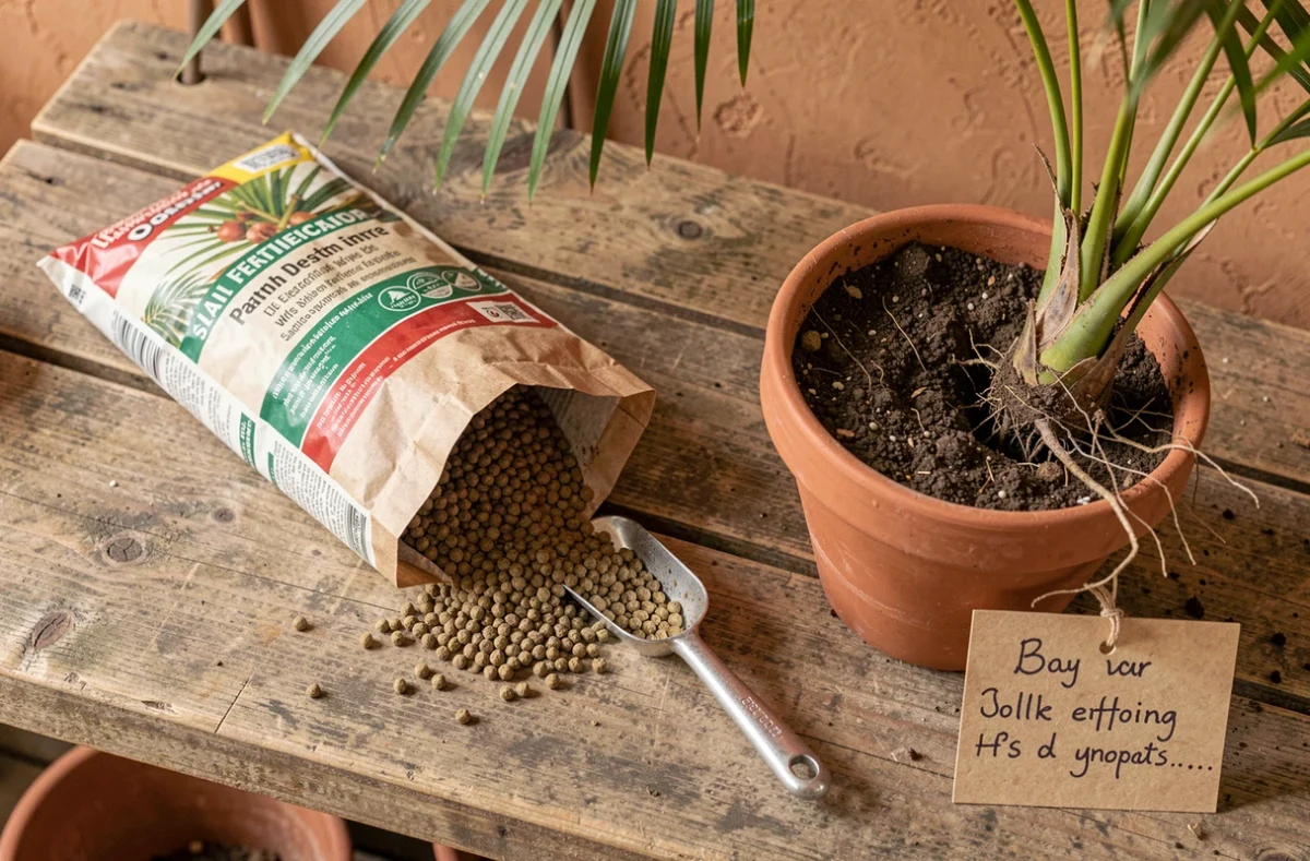 Gros plan sur un sac d'engrais pour palmier, une pelle et un pot de rempotage posés sur un établi de jardinage en bois
