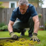 Homme qui enlève la mousse sur une pelouse de jardin avec un râteau en acier
