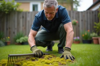 Homme qui enlève la mousse sur une pelouse de jardin avec un râteau en acier