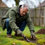 Homme qui enlève la mousse d'une pelouse avec un scarificateur dans un jardin résidentiel