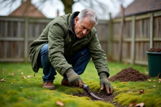 Homme qui enlève la mousse d'une pelouse avec un scarificateur dans un jardin résidentiel
