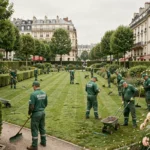 Équipe d'espaces verts professionnelle travaillant dans un parc urbain en Seine-Saint-Denis