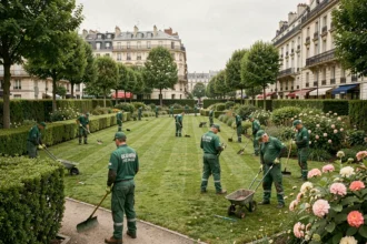 Équipe d'espaces verts professionnelle travaillant dans un parc urbain en Seine-Saint-Denis
