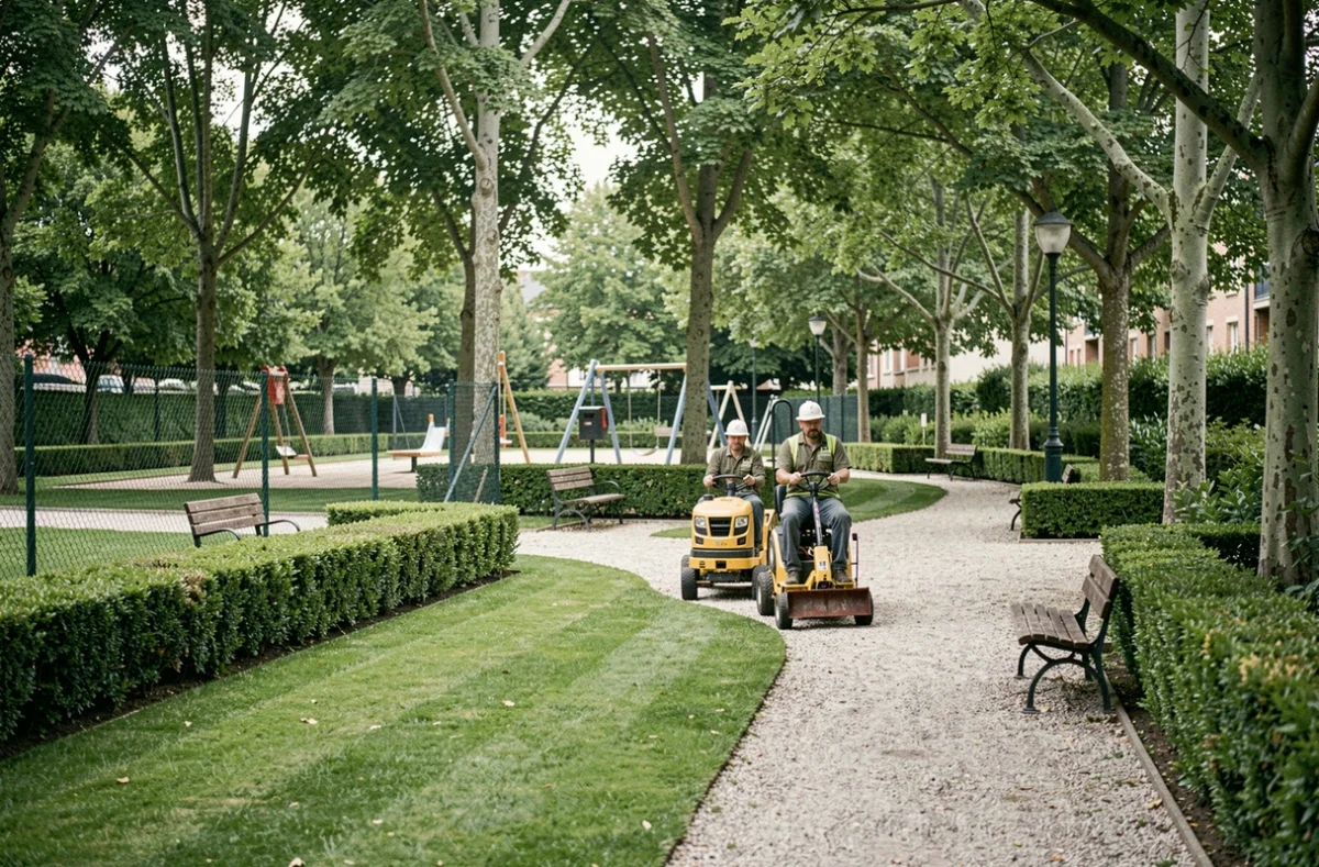 Équipe communale entretenant les espaces verts d'un parc public dans le 93