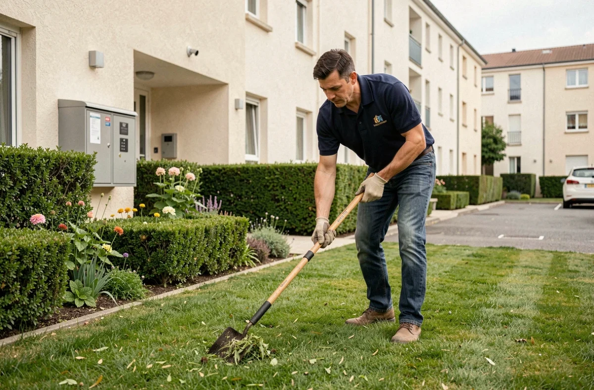 Jardinier entretenant les espaces verts d'une copropriété résidentielle en Seine-Saint-Denis