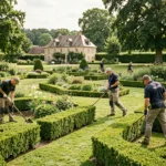 Équipe de jardiniers professionnels entretenant un grand jardin bourguignon avec des haies taillées et des parterres fleuris devant une maison en pierre typique de Bourgogne-Franche-Comté