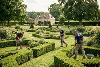 Équipe de jardiniers professionnels entretenant un grand jardin bourguignon avec des haies taillées et des parterres fleuris devant une maison en pierre typique de Bourgogne-Franche-Comté
