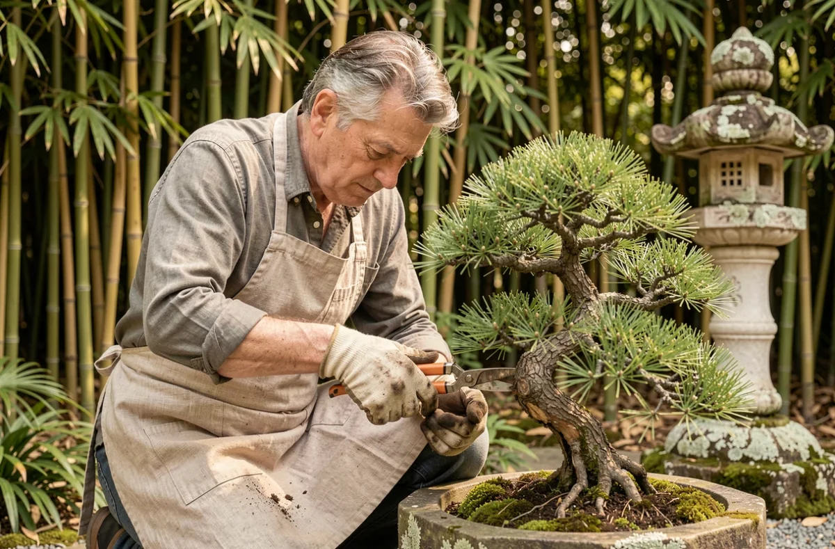 Jardinier taillant un pin nain dans un jardin japonais au printemps