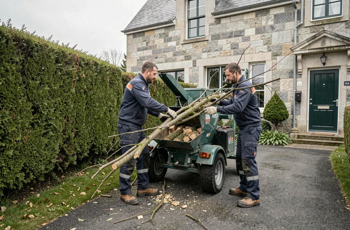 Deux élagueurs ramassant les branches coupées et utilisant un broyeur devant une maison brestoise après travaux d'élagage