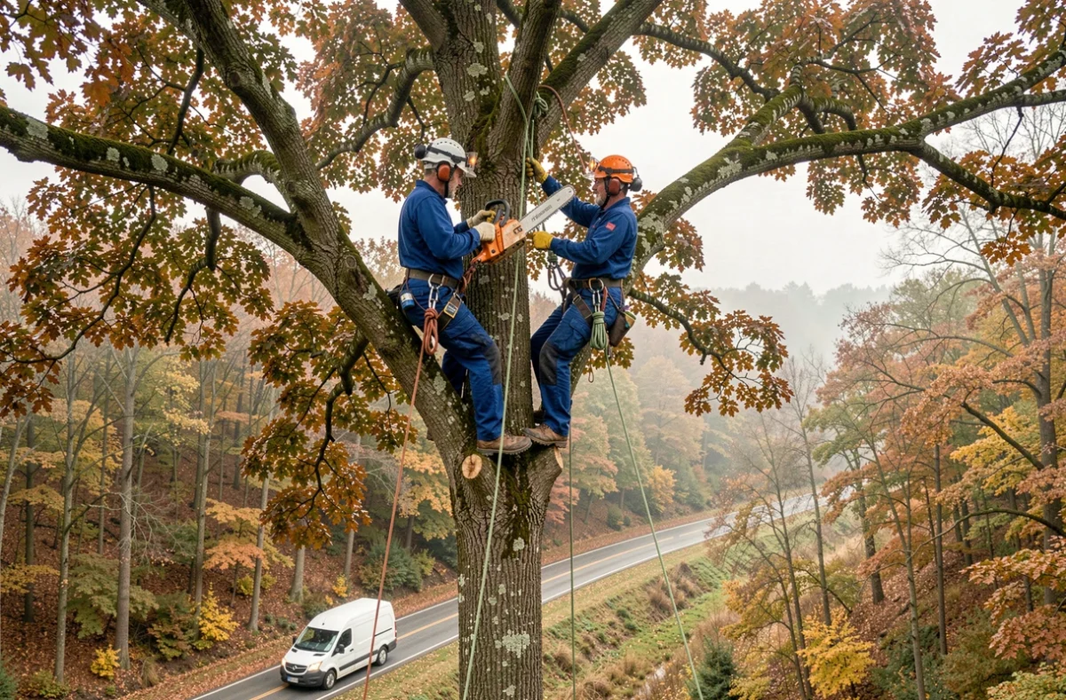 Deux élagueurs professionnels travaillant en équipe au sommet d'un hêtre avec tronçonneuse et cordes