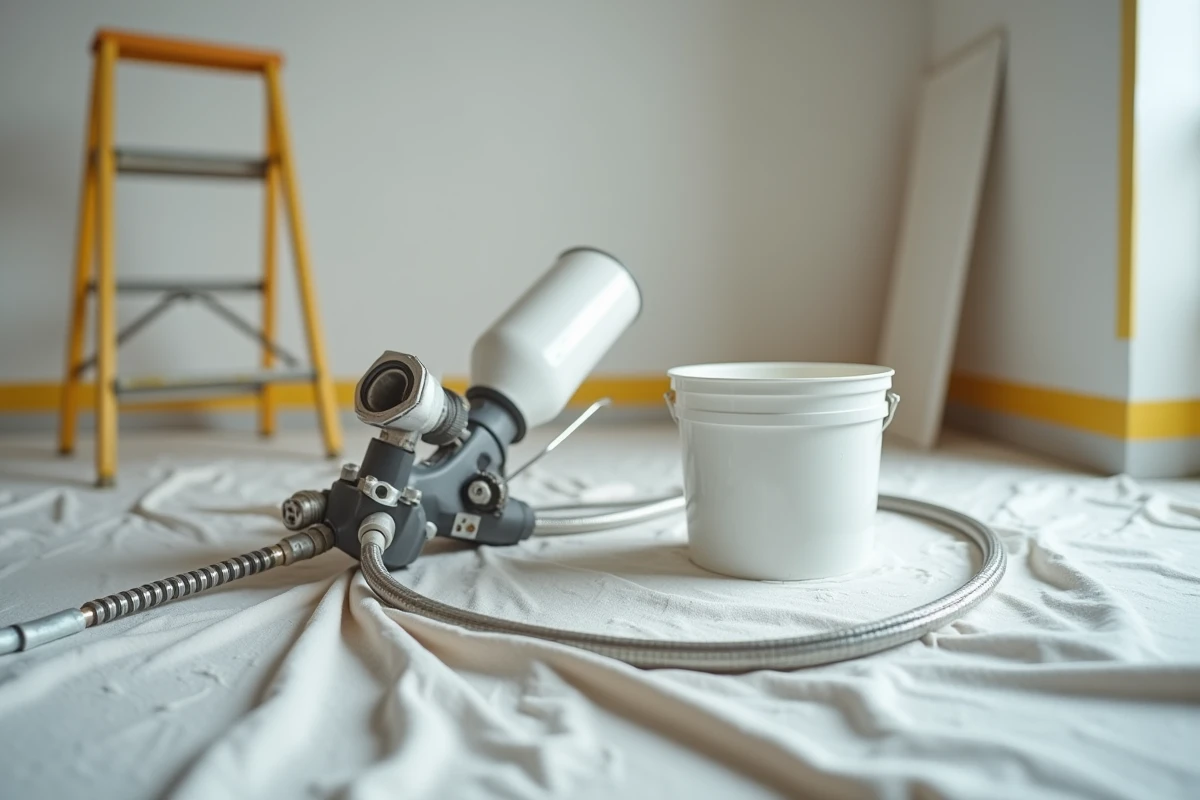 Gros plan sur une machine airless professionnelle et ses accessoires posés sur une bâche de protection dans un chantier de peinture intérieure