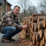 Homme mesurant un tas de bois de chauffage livré en vrac sur une allée gravillon pour estimer le nombre réel de stères