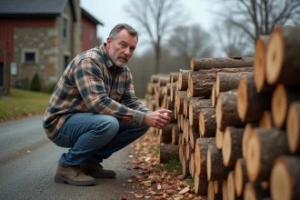 Homme mesurant un tas de bois de chauffage livré en vrac sur une allée gravillon pour estimer le nombre réel de stères