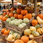 Étal de marché champêtre avec une grande variété de cucurbitacées : citrouilles, coloquintes et courges en automne