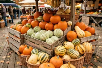 Étal de marché champêtre avec une grande variété de cucurbitacées : citrouilles, coloquintes et courges en automne