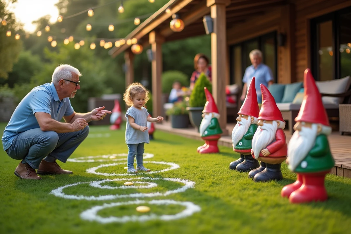 Famille multigénérationnelle jouant au nain de jardin géant sur une terrasse lors d'une fête estivale en plein air