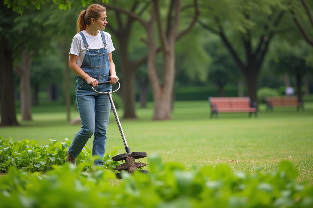 Jeune femme en salopette utilisant un aérateur de pelouse