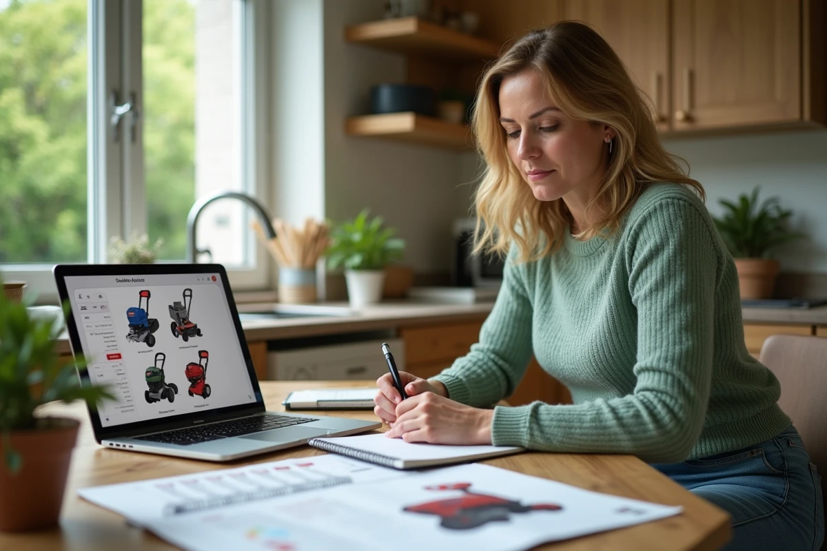 Femme analysant brochures de shredders dans la cuisine