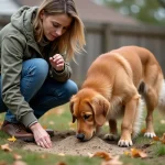 Femme inquiète avec son chien près d'un nid d'abeilles dans le jardin