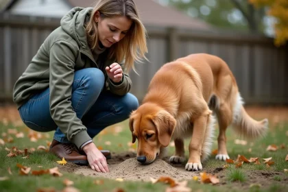 Femme inquiète avec son chien près d'un nid d'abeilles dans le jardin
