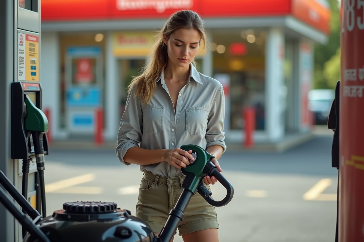 Femme choisissant le bon indice d'octane à la pompe à essence pour sa tondeuse à gazon moderne