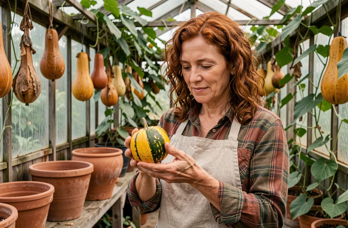 Femme tenant une coloquinte ornementale dans une serre botanique entourée de courges et de plantes grimpantes