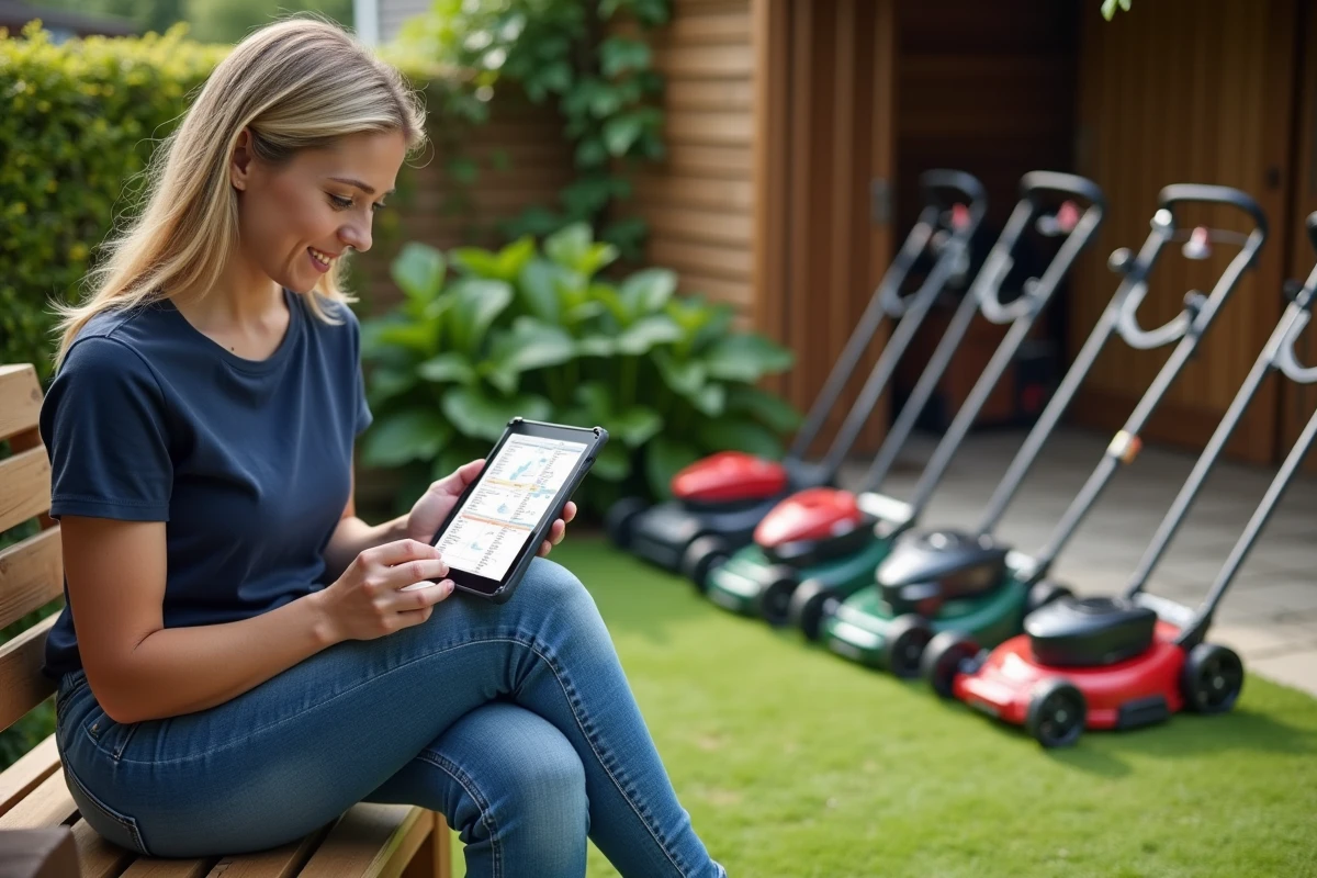 Femme lisant un tableau comparatif de tondeuses électriques