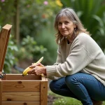 Femme en jeans et pull clair compostant dans le jardin