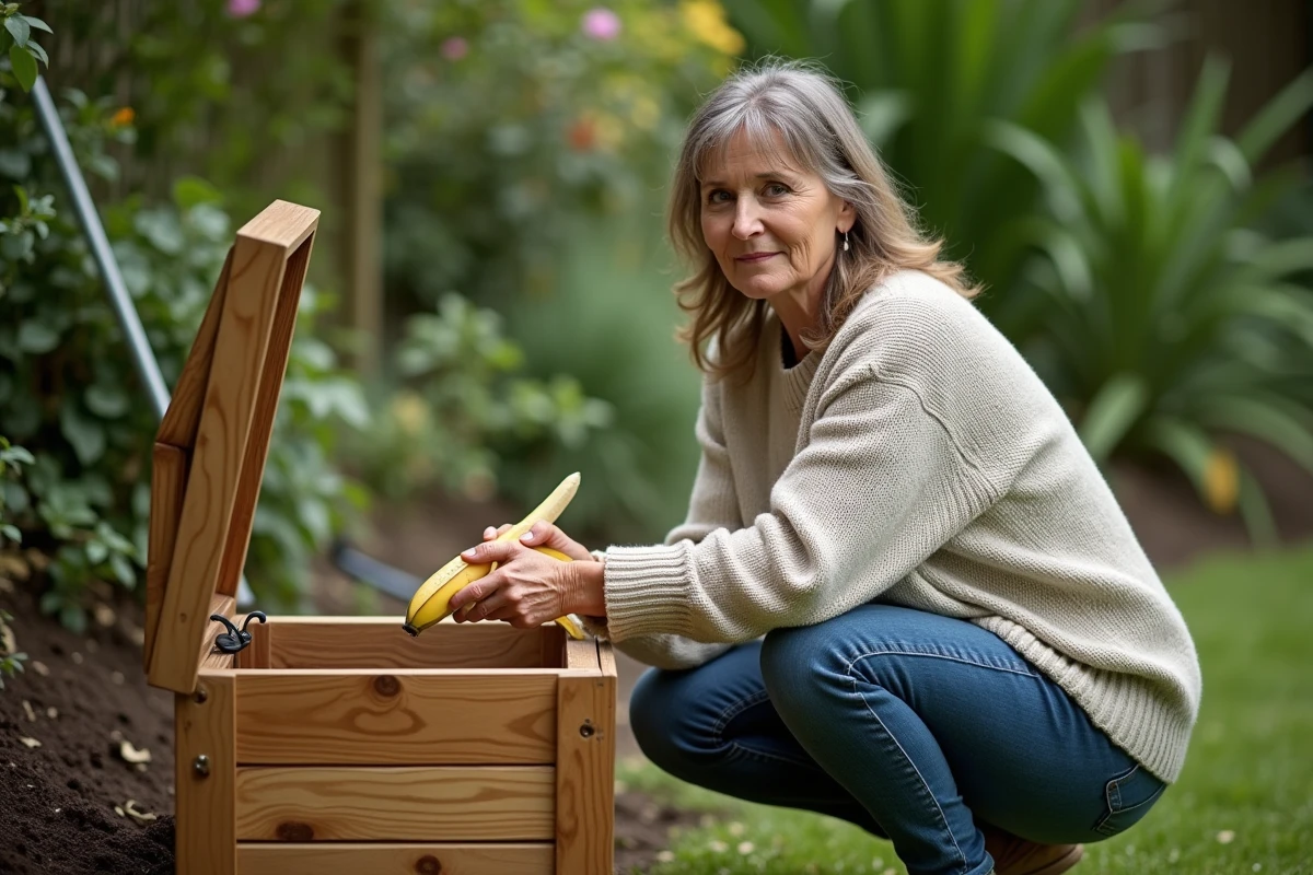 Femme en jeans et pull clair compostant dans le jardin