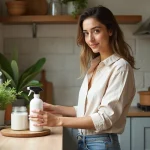 Femme arrangeant des produits de nettoyage écologiques dans la cuisine