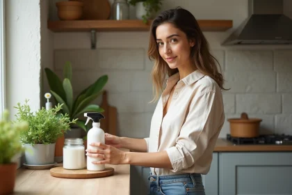 Femme arrangeant des produits de nettoyage écologiques dans la cuisine
