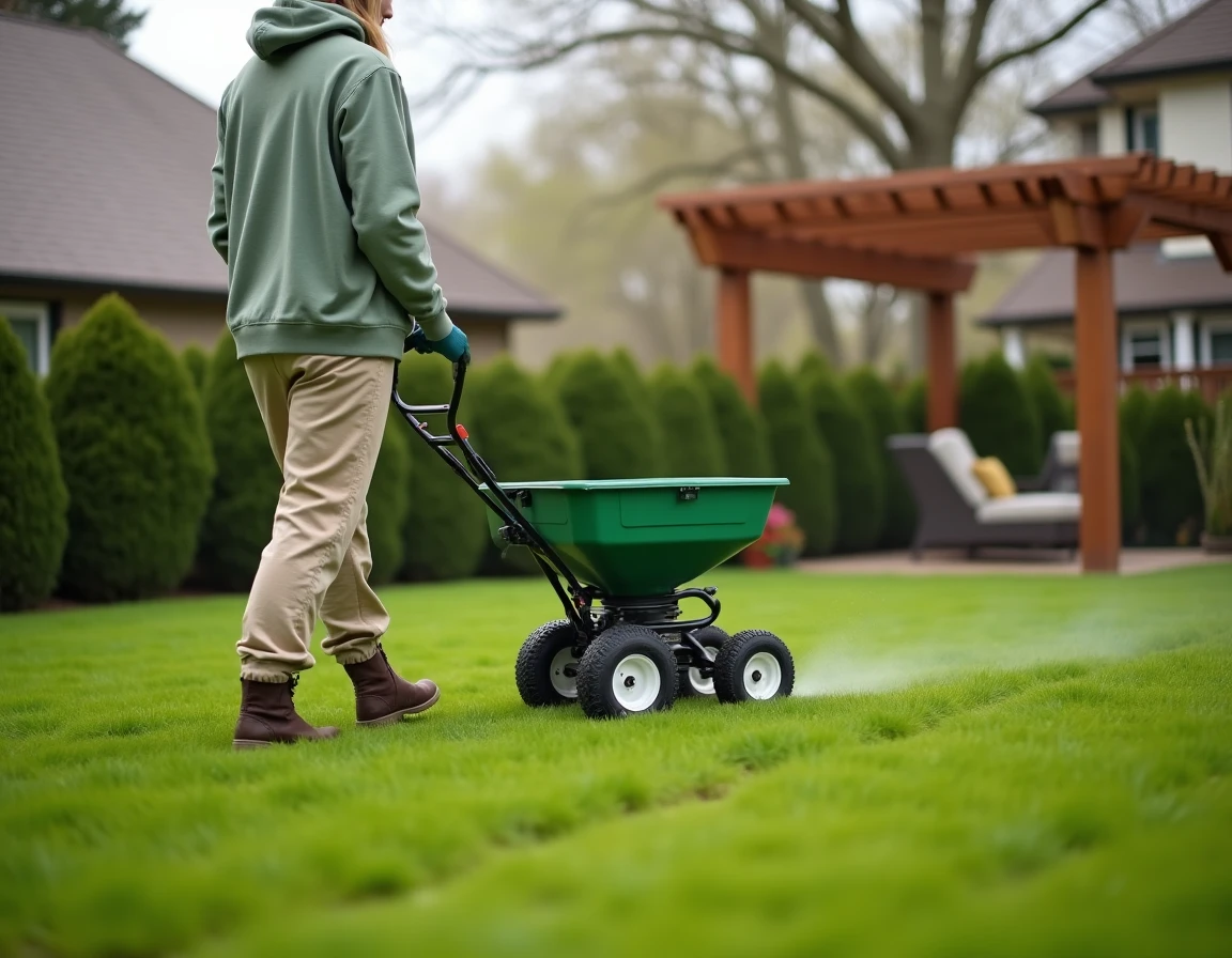 Femme utilisant un épandeur à roues pour appliquer un traitement granulaire sélectif sur une pelouse résidentielle au printemps