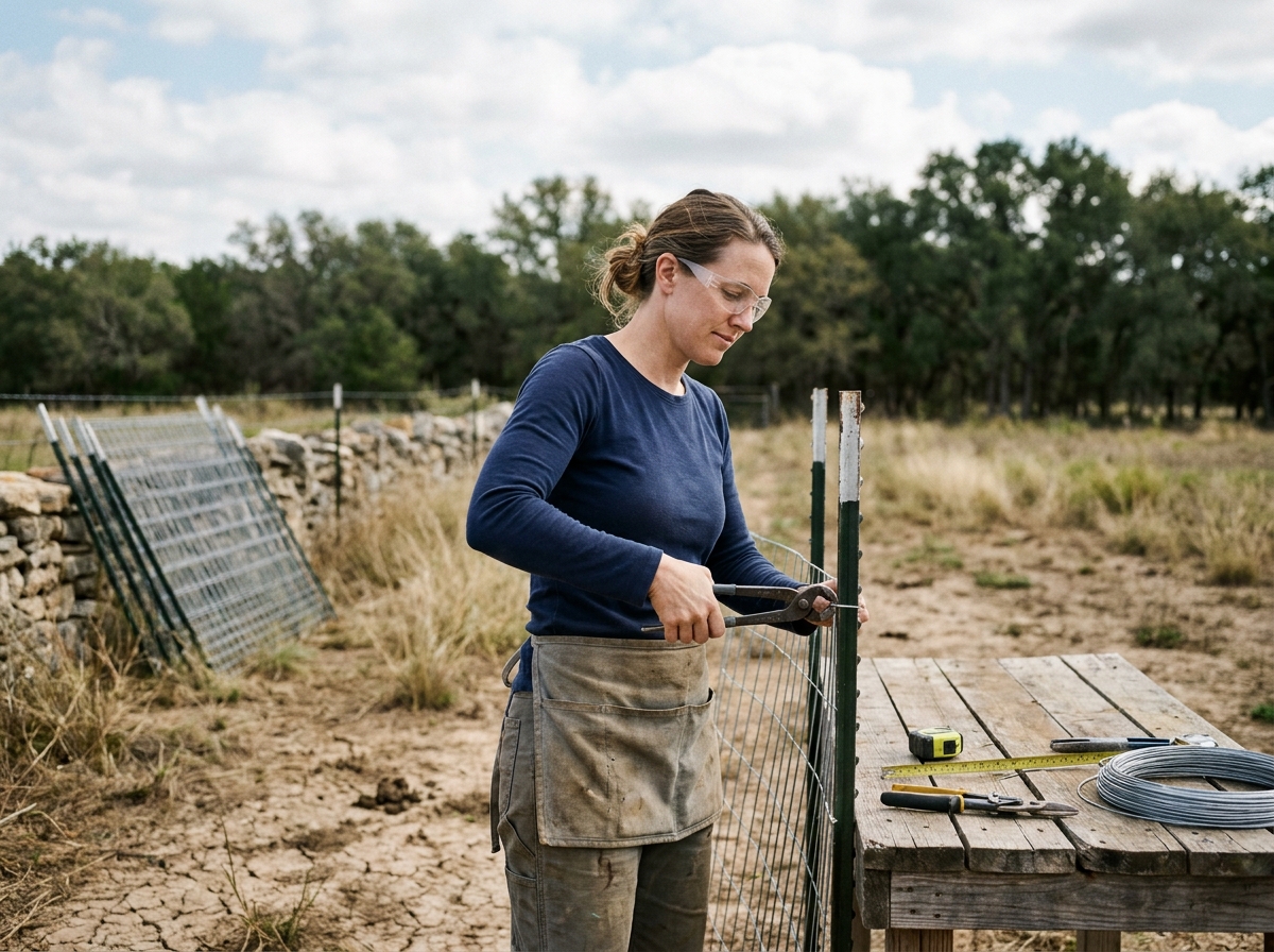Femme bricolant un grillage soudé avec des pinces et des attaches métalliques fixées sur un poteau T en milieu rural