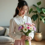 Jeune femme arrangeant des lisianthus dans un vase lumineux