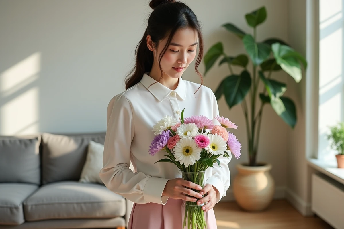 Jeune femme arrangeant des lisianthus dans un vase lumineux